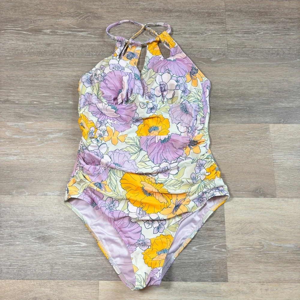 Cupshe Womens‎ Floral High Neck One Piece Swimsuit Lavender Yellow Small